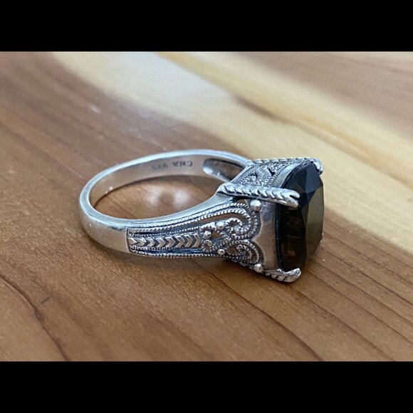 Vintage Sterling Silver Cushion Cut Smoky Quartz Ring 8 - Picture 7 of 8